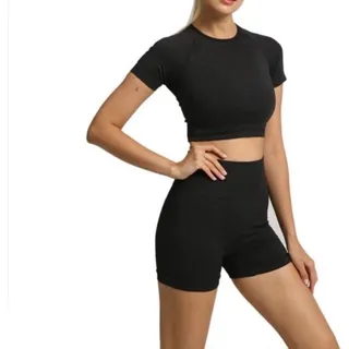 Jumada's - Sportoutfit - Crop-Top mit kurzen Ärmeln - Kurze Leggings mit hoher Taille - Nahtlos - Squatproof - Schwarz - L