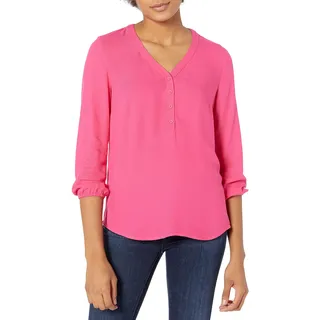 Amazon Essentials Damen Popover-Shirt Mit 3/4-Ärmeln Und Knöpfen, Locker Sitzende Bluse Mit V-Ausschnitt, Intensive Rosa, XL