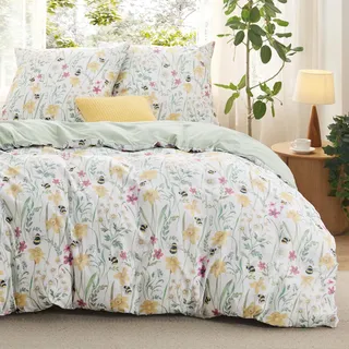 BEDSURE Bettwäsche 155x220 3teilig Bettbezug - Bettwäsche-Sets 155 x 220 cm mit 2 Kissenbezüge 80x80 cm, ÖKO-TEX Wendebettwäsche Bedding Grün Blumen Pflanze Muster für Einzelbett mit Reißverschluss