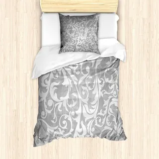 ABAKUHAUS Grau Bettbezug Set, Antik Blatt Blumen Klassischer Abstrakter Vintage Muster, 135 x 200 cm + 80 x 80 cm, Grau - Grau