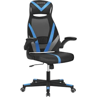 SONGMICS Bürostuhl, Stuhl mit Netzbespannung, höhenverstellbar, mit Kopfstütze und Armlehne, um 360° drehbar, mit Wippfunktion, bis 130 kg belastbar, ergonomisch, schwarz-blau-dunkelgrau OBN086B01