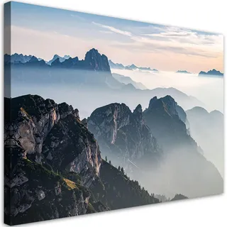 Feeby Leinwandbild Landschaft Berge Nebel Natur 90x60cm , Grau , Textil , Landschaft/Berg , Rechteckig , 90x60 cm , Bilder & Rahmen, Bilder, Leinwandbilder
