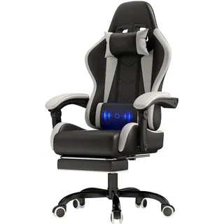 JUMMICO Gaming Stuhl Massage, Bürostuhl Ergonomisch Mit Massage-Lendenkissen, Gamer Stuhl verstellbare Rückenlehne 90-135°,und fußstütze, Gamingstuhl 150 kg belastbarkeit, Weiß