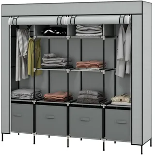 Stoffkleiderschrank mit 2 Kleiderstangen, 10 Fächern und 4 Schubladen, 166x42,5x169,5 cm, Grau - Türen mit Reißverschluss - belastbar bis 50 kg - pulverbeschichteter Stahlrahmen - Dunkelgrau