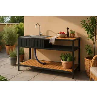 Ambia Garden Outdoorküche , Anthrazit, Teakfarben , Metall, Kunststoff , einzeln stellbar , 127x95x50 cm , Gartenmöbel, Outdoor Küchen