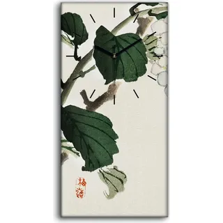 Wanduhr Bürouhr Leinwand Bild 30x60 Malerei Asiatischer Zweige Blätter Kunst - schwarze Hände - Beige
