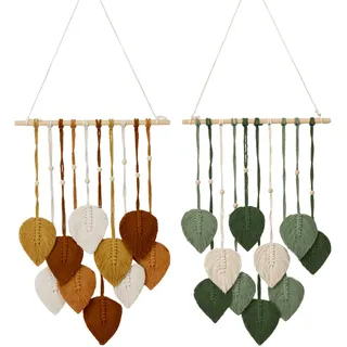 BONJUME Wand Deko, 2PCS Wanddeko Handgemacht Wandteppich Boho Deko Gewebte Wandbehang Blatt Feder Wanddeko Mit Holzperlen Und 10 Grün Blätter Tapisserie Für Wohnzimmer Schlafzimmer-40 * 100cm