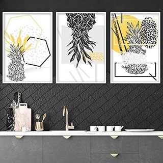 Artze Wall Art Geometrische abstrakte Linien, Ananas, 3-teiliges Set, 30 cm Breite x 40 cm Höhe, gelb/schwarz