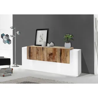 Dmora - Kommode Gennaro, Küchen-Sideboard mit 7 Türen, Wohnzimmer-Buffet, Küchen-Sideboard, 100 % Made in Italy, 200 x 45 x 86 cm, glänzendes Weiß und Ahorn