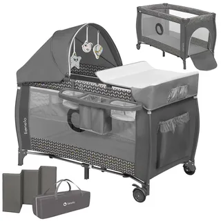 lionelo Sven Plus 4 in 1 Baby Bett ab Geburt bis 15 kg Wickelauflage Moskitonetz luftige Seitenwände mit Seiteneingang Tragetasche zusammenklappbar