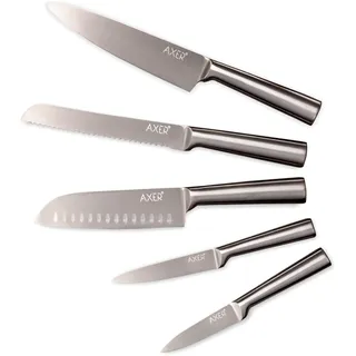 Axer Scharfes Küchenmesser Metallgriff - 5-teilig Messerset Edelstahl - Küchenmesser Set Profi - Modern Look Carbonstahl Messer Set - Kitchen Knife Set - Vollmetall