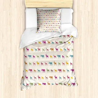 ABAKUHAUS Hirsch Mantele, Tier-Silhouetten-Muster, Milbensicher Allergiker geeignet mit Kissenbezügen, 135 cm x 200 cm - 80 x 80 cm, Mehrfarbig