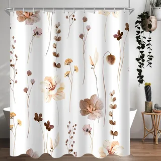 Lerores Duschvorhang 180x170 cm Braun Blume,Beschwerter Saum Antischimmel,Wasserabweisend, Waschbar Polyester Badevorhänge mit 12 Ösen und Duschvorhangringe für Badezimmer,Badewanne
