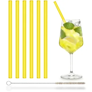 HALM Neon Gelbe Glasstrohhalme 6 Stück 20 cm Strohhalme aus Glas in Gelb für Kinder oder Party + plastikfreie Reinigungsbürste - Spülmaschinenfest & Nachhaltig - Glastrinkhalme