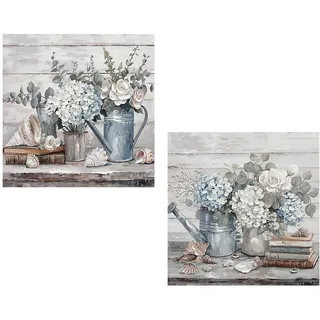 DRW Leinwandbild mit Gießkanne und Blumen, handbemalt, in Weiß, Blau und Grün, 40 x 3,5 x 40 cm