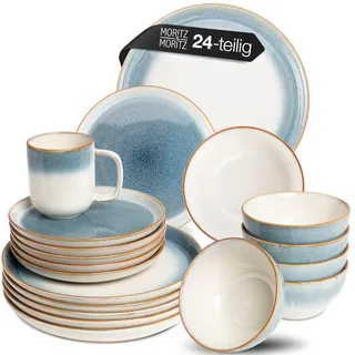 Moritz & Moritz TARENTO 24-tlg. Geschirrset 6 Personen Blau - Elegantes Teller Set aus hochwertigem Steinzeug - Geschirr Set aus 6x Dinnerteller, 6x Dessertteller, 6x Suppenteller und 6x Tassen