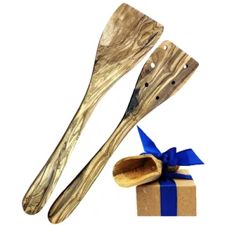 Kochbesteck-Set OLIVENHOLZ-ERLEBEN "1x Pfannenwender (ohne Löcher) und 1x Pfannenwender (mit Löchern)", braun, Massivholz, Kochbesteck-Sets, Kochbesteck-Set, aus Olivenholz, hitzebeständig und schonend zu Pfannen