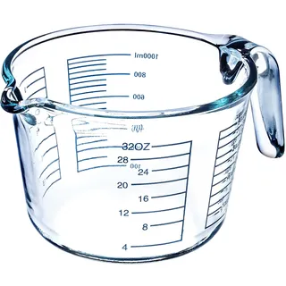 KADAX Messbecher aus Glas, Glaskännchen mit ergonomischem Griff, Widerstandsfähiges Messgefäß für flüssige als auch pulvrige Produkte, Messkanne zum Backen und Kochen (1 Liter)