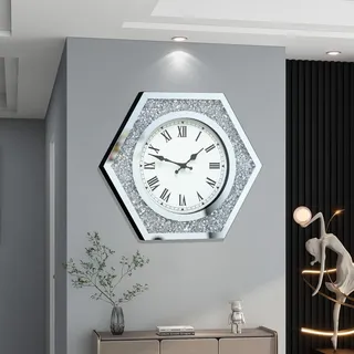 JTWALCLOCK Große Wanduhr für Wohnzimmer-Dekor, Kristall-Crush-Diamant, verspiegelt, funkelnd, glitzernd, Moderne Wanduhr, großer silberfarbener Spiegel, Heimdekoration, 50,8 cm, leise Uhr für