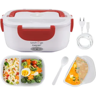 BEPER Lunch & Go - Wärmende Lunchbox, tragbarer elektrischer Speisenwärmer, 2 herausnehmbare Behälter, Stahlheizplatte, mitgeliefertes Plastikbesteck, 220 V - Rot