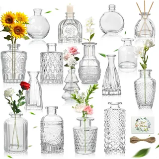 UCAMP 16 Kleine Vasen,Mini Vasen Set,Glas Blumenvase,Vintage Deko Vasens,Small Glass Vase for Table Decoration,Dekovasen-Set mit 8 m Juteschnur,für Küche,Esszimmer,Wohnzimmer,Badezimmer