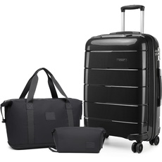 Kono Gepäck 3 Stück Sets Carry On Suitcase 55x40x20 Cabin Handgepäck mit Reisetasche und Kulturbeutel Lightweight Polypropylene Travel Trolley Case with Secure TSA Lock(Black, 20 Zoll Gepäck Set)