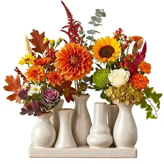 Jinfa Keramikvasen Set – 7 kleine Vasen auf Sockel – Antik-Weiß – Handgefertigte Mini Vasen – Boho & Nordic Tischdeko – Wohnzimmer, Esstisch, Geschenkidee