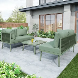 Merax Gartenlounge-Set 3-tlg. Sitzgruppe mit Tisch und Sofa, Polyrattan Gartenmöbel Set mit Eisenrahmen und Kissen, Balkonmöbel für 3-4 personen, Grün - Grün