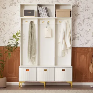 Abrihome Garderobe-Set für Flur- 120x23.5x191.5 cm mit Aufbewahrungsbank und Haken, Offene Aufbewahrung, Weiß - Weiß