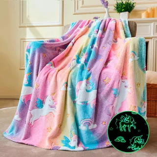 Joiedomi Decke Kuscheldecke Leuchtet im Dunkeln Einhorn Geschenke Spielzeug für Mädchen im 4 bis 12 Jahren Weiche, gemütliche Flanell Kinderdecke Geburtstagsgeschenk 50"×60"
