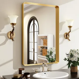 Easly 91,4 x 61 cm Goldener Badezimmerspiegel für die Wand, Rahmen aus Aluminiumlegierung, rechteckig, Wandspiegel für Bauernhaus-Dekoration, horizontal oder vertikal, ideal für Schlafzimmer,