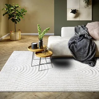 Elle Decoration Panglao moderner Kurzflor Teppich - Wohnzimmerteppich Flauschig – Hoch-Tief Effekt Skandi Boho Geometrisch Wellen, Bogen - für Wohnzimmer, Schlafzimmer, Küche - Weiß, 200x280cm