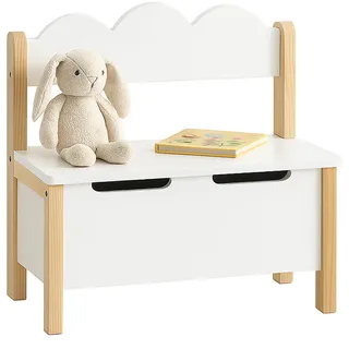 Relaxdays Kinderbank mit Stauraum, Deckel, Rückenlehne, HBT: 60 x 60 x 25 cm, Kinder Sitzbank, Kinderzimmer, weiß/Natur