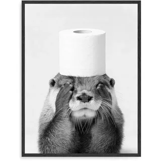 Dazzlewall Schwarz Weiß Tier Wandkunst, Lustiger Otter mit Toilettenpapier auf dem Kopf Leinwandbild für Badezimmer Wohnzimmer Deko 30x40cm Ohne Rahmen