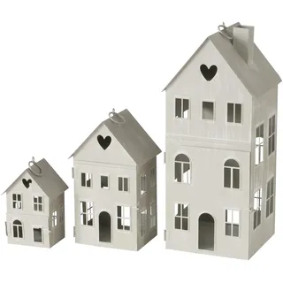 BOLTZE Laterne Haus Set (3 TLG., Farbe Grau, aus Metall, L 9-15,5 cm, B 7,5-15,5 cm, H 14-36 cm, Haus Form, zum Aufhängen, Deko, Windlicht, Kerzenhalter) 2049902