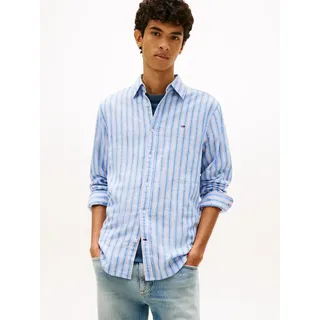 Langarmhemd TOMMY JEANS "REGULAR LINEN MIX STRIPES", Herren, Gr. M, N-Gr, blau twilight stripes, Web, Obermaterial: 55% Leinen, 45% Baumwolle, gestreift, regular fit normal, Rundhals, eingesetzt Manschette, Hemden Langarmhemd, Regular fit mit Streifenmuster