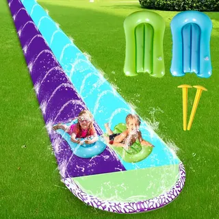 DAJASD Wasserrutsche Garten für Kinder, 6.1*1.4M Aufblasbare Wasserrutsche mit 2 Bodyboards, Doppelte Wasserrutsche mit Eingebautem Sprinkler, Wasserspielzeug für Kinder Erwachsene Outdoor - Blau+Lila