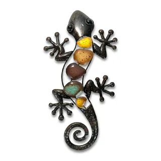 Dexlyn Metall Gecko Wanddeko Braun, 20x40 cm, braun Geschwungener Schwanz | Wetterfeste & rostfreie Eidechse Skulptur für Balkon und Garten