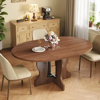 Esstisch Rund Ausziehbar 110-150cm Oval für 4-8 Personen mit Metallrahmen Kreuzpodest (Walnuss)