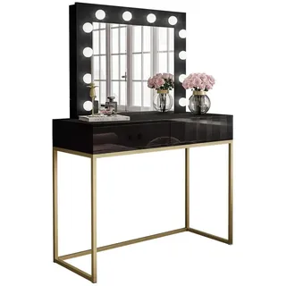 Lookway Schminktisch Blanco Gold mit Spiegel und Beleuchtung Schwarz Push Open , Schwarz, Goldfarben , Holzwerkstoff , 100x146x42 cm , Schlafzimmer, Schminktische