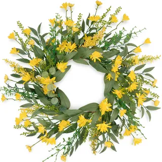 COLORSPEC 46 cm Eukalyptuskranz mit gelben Blüten für die Haustür, künstlicher Blumenkranz, Frühlingskranz Sommerkranz Herbstkranz für Tür, Wand, Fenster, Veranda und Landhaus-Deko