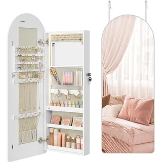 SONGMICS Schmuckkommode, Schmuckschrank, Spiegelschrank, Schmuck-Organizer mit LED-Beleuchtung, abschließbar, abgerundete Ecken, mit Innenspiegel, 10 x 42 x 108 cm, wolkenweiß JJC020W01