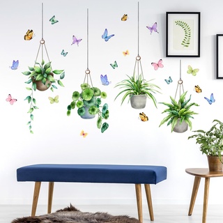 COVPAW Wandtattoo Pflanzen Tropische Blätter Wandaufkleber Baum Vogel Hängende Pflanzen Grün Wandsticker Kinderzimmer Wohnzimmer Schlafzimmer Flur Wanddeko (Blumenampel)