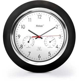 MEBUS Funk-Wanduhr mit Thermometer und Hygrometer/schwarzer Rahmen/weißes Zifferblatt / 24cm Durchmesser/Rund/Modell: 19453 / Farbe: Schwarz, Weiß