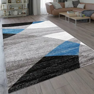 Vimoda Teppich Geometrisches Muster Meliert in Blau Grau Weiß Schwarz Kurzflor Wohnzimmer, Maße:120 x 170 cm