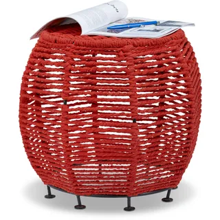 Relaxdays Strick Hocker Shabby Chic, Sitzhocker aus Metall und Stoff, runder Pouf mit Beine HxBxT 35 x 42 x 42 cm, rot