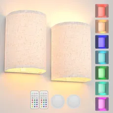 AIBOO Batteriebetriebene Wandleuchten Magnetische Kabellose Lampe RGB Farben Dimmbar mit Stoff Leinen Schatten und Fernbedienung, Beleuchtung Dekoration 2er Set für Schlafzimmer Wohnzimmer Flur