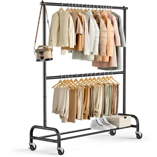 MISSLO Schwerlast Kleiderständer auf Rollen Kleiderstange Doppelt Metall für Hängende Fahrbarer Klamotten Ständer Closet Garderobe Rack, Einstellbar, Schwarz