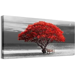 hyidecorart Leinwandbilder Groß 59x119 cm XXL Wohnzimmer, Modern Rot Baum des Lebens Wandbilder mit Rahmen Schlafzimmer, Natur Schwarz und Weiß Kunstdruck Wanddeko Flur küche Büro Villa Badezimmer