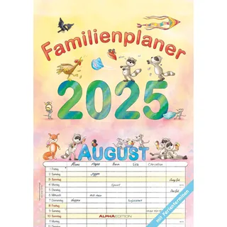 ALPHA EDITION GmbH & Co. KG Familienplaner Cartoon 2025 - Familienkalender A3 (29,7x42 cm) - mit 6 Spalten, Ferienterminen (DE/AT/CH) und viel Platz für Notizen - Wandkalender